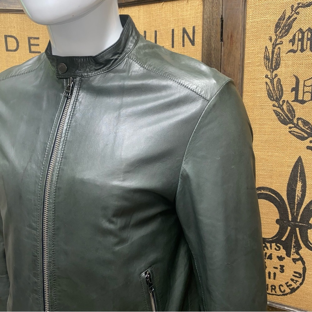 Theory Men's Dark Green Leather Zip Up Jacket, M - Picture 2 of 12